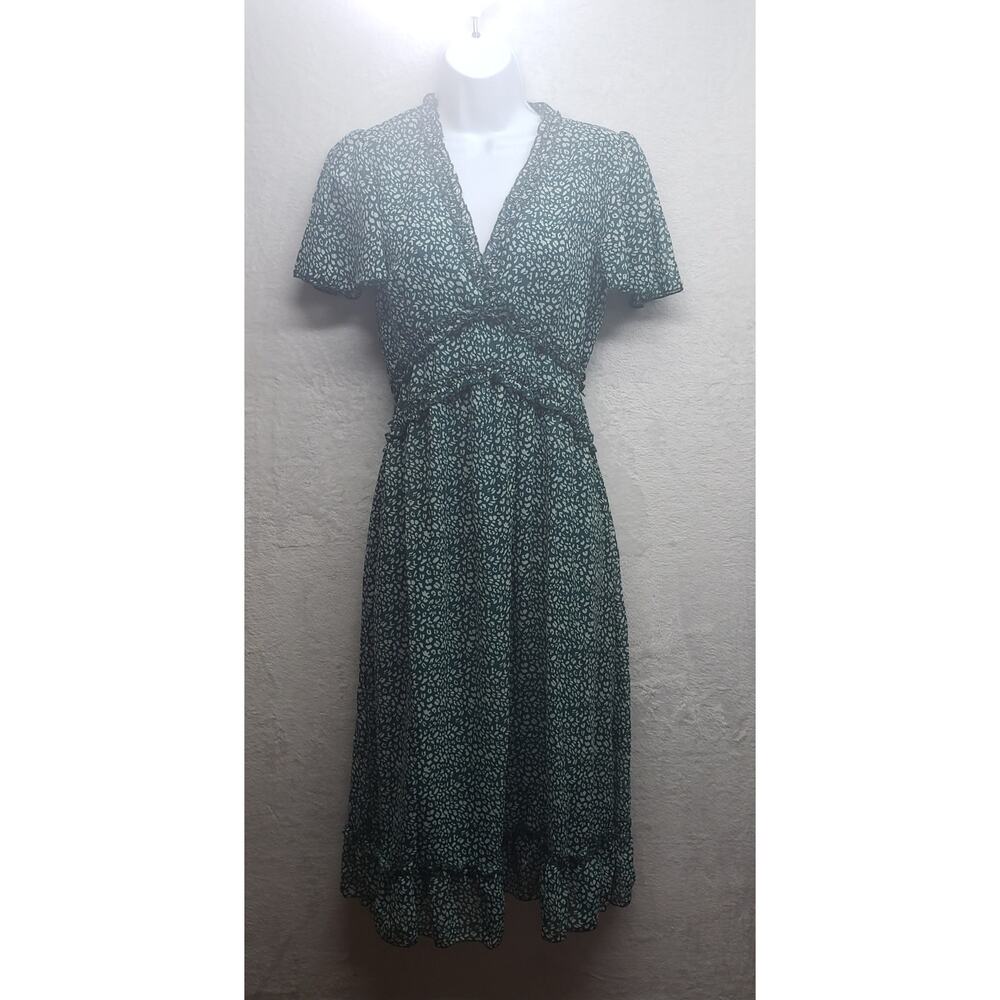 Abstract Animal Print Ruffle Summer Dress Green Whimsigoth Midi Women's S